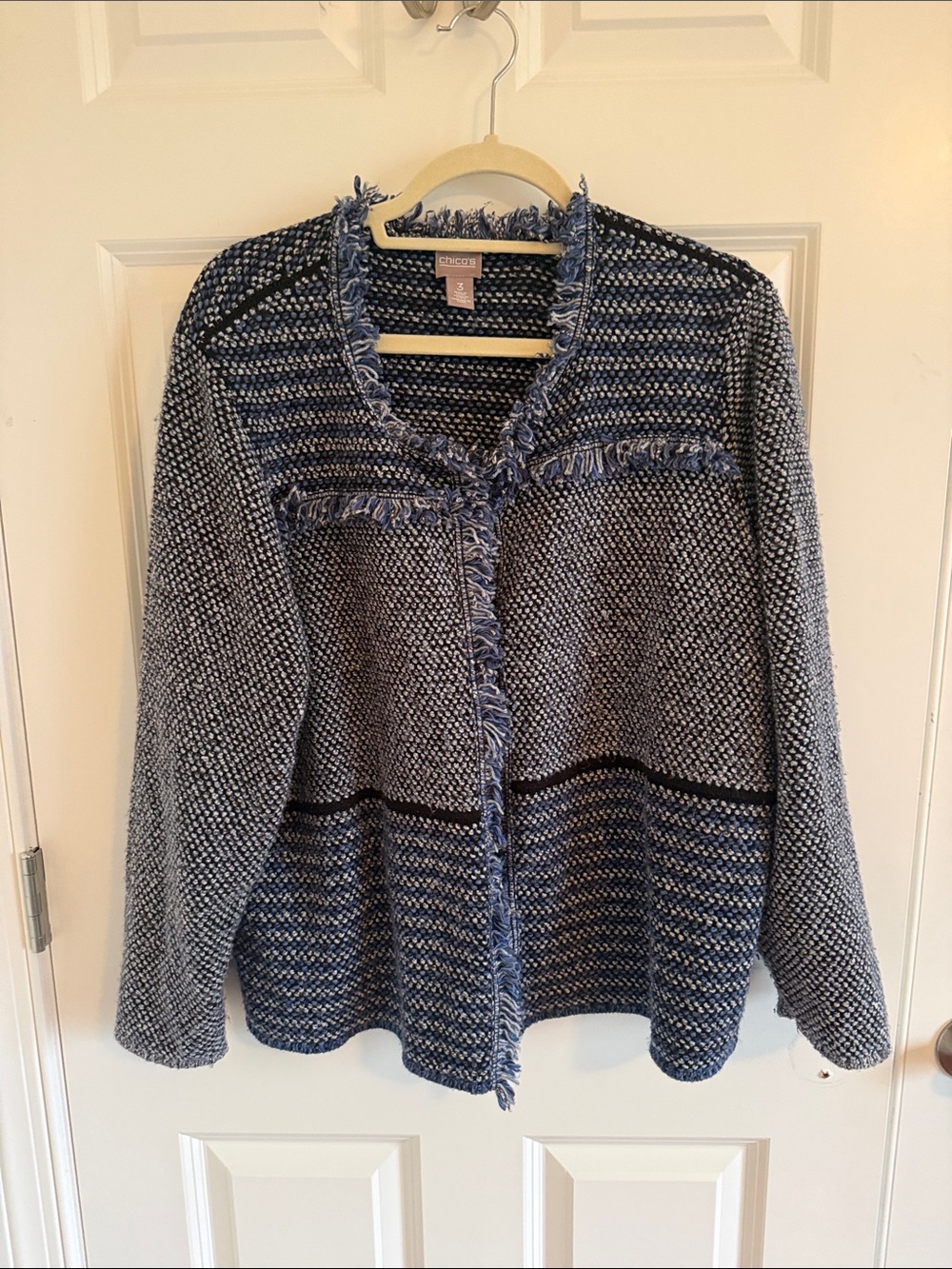 Chico's Navy and Gray Fringed Knit Open Front Cardigan Size 3